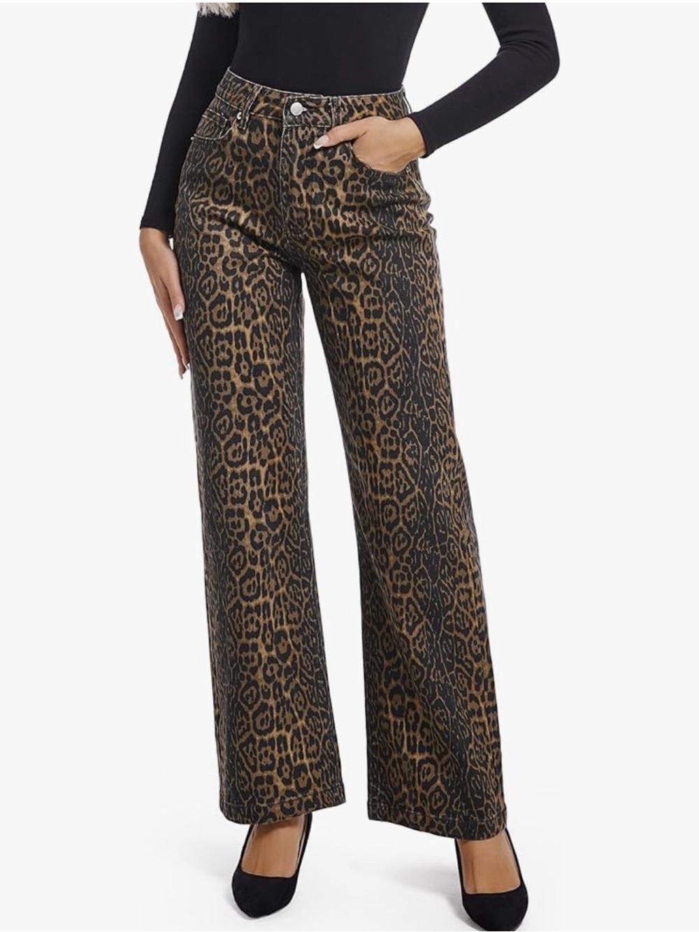 ETTELO High Rise Stretch Straight Leg Coffee Leopard Print Jeans size 6